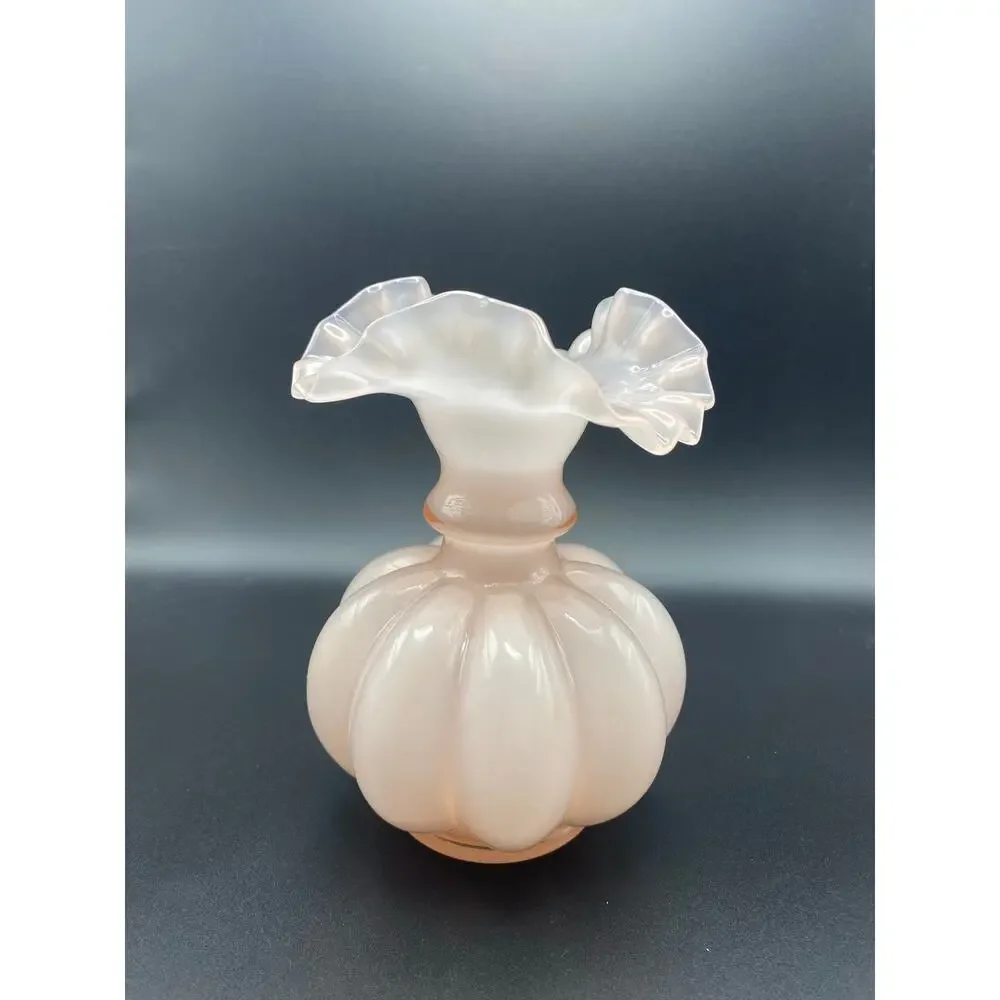 Vintage Fenton Large Ruffled  Pink Melon 8” Vase